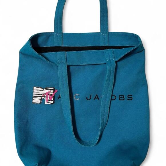 Marc Jacobs x MTV Blue Canvas Tote Bag - Used Stylish Graphic Logo Shopper Bag - Picture 6 of 8